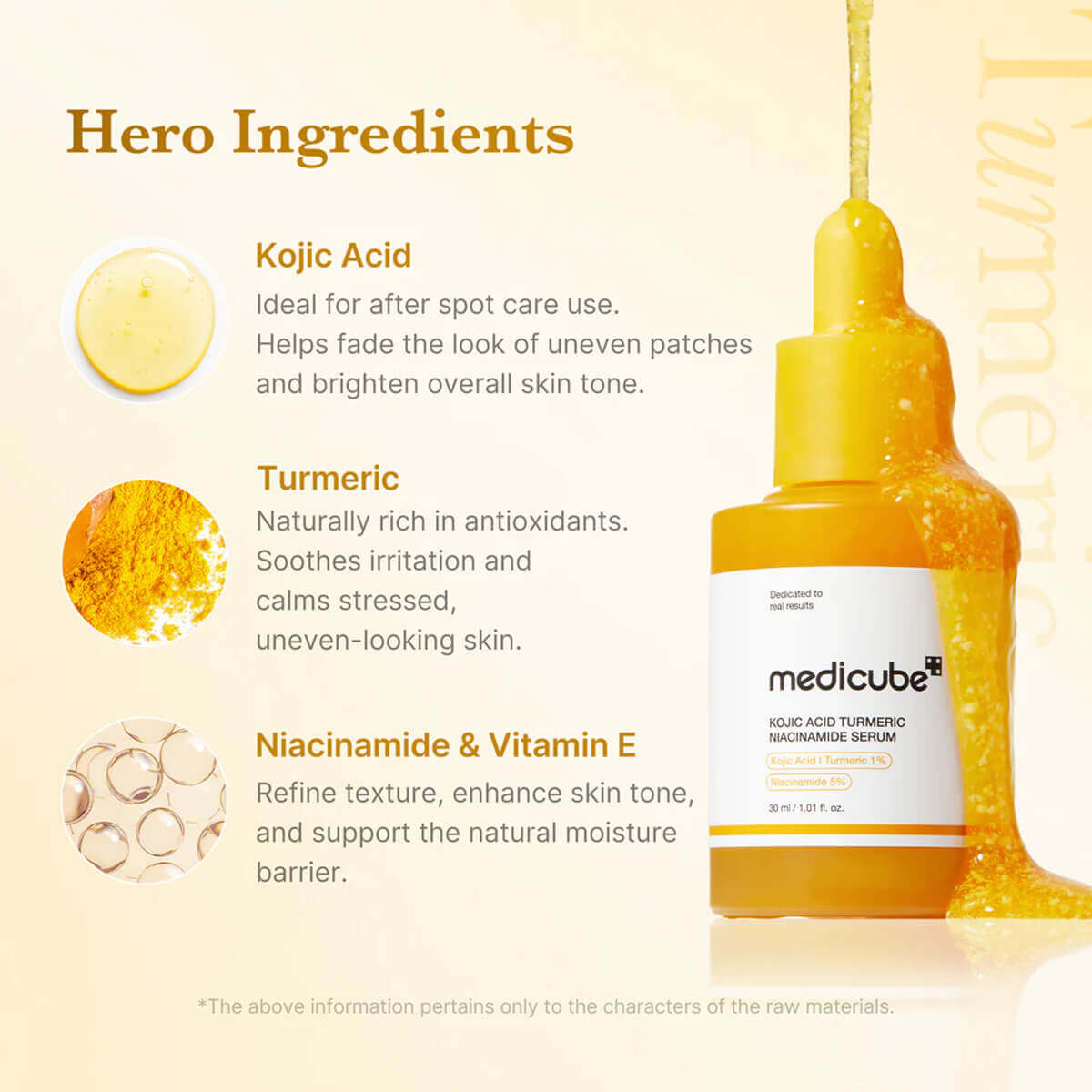 Kojic Acid Turmeric Niacinamide Serum by Medicube highlighting key ingredients for brightening and improving skin tone.