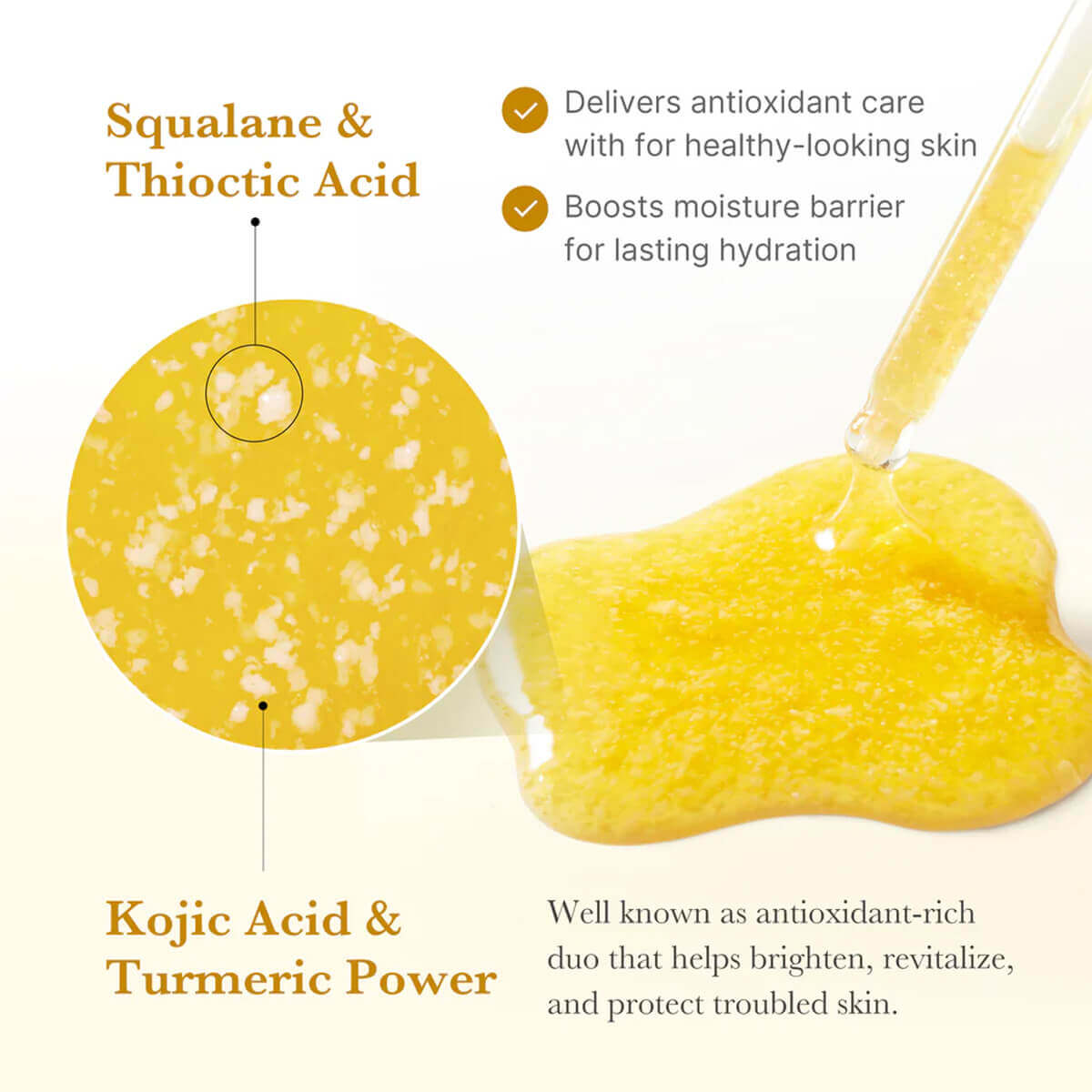 Kojic Acid Turmeric Niacinamide Serum with squalane and thiotic acid for brighter, hydrated skin treatment.