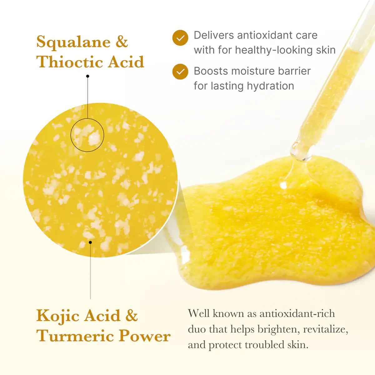 Illustration of skincare product with text about Squalane, Thioctic Acid, Kojic Acid, and Turmeric Power.
