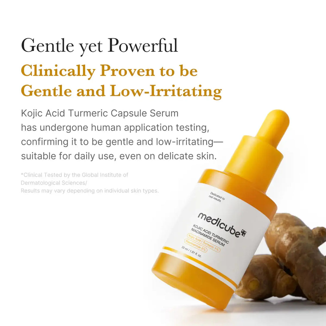 Medicute Kojic Acid Turmeric Capsule Serum bottle with turmeric root on a white background