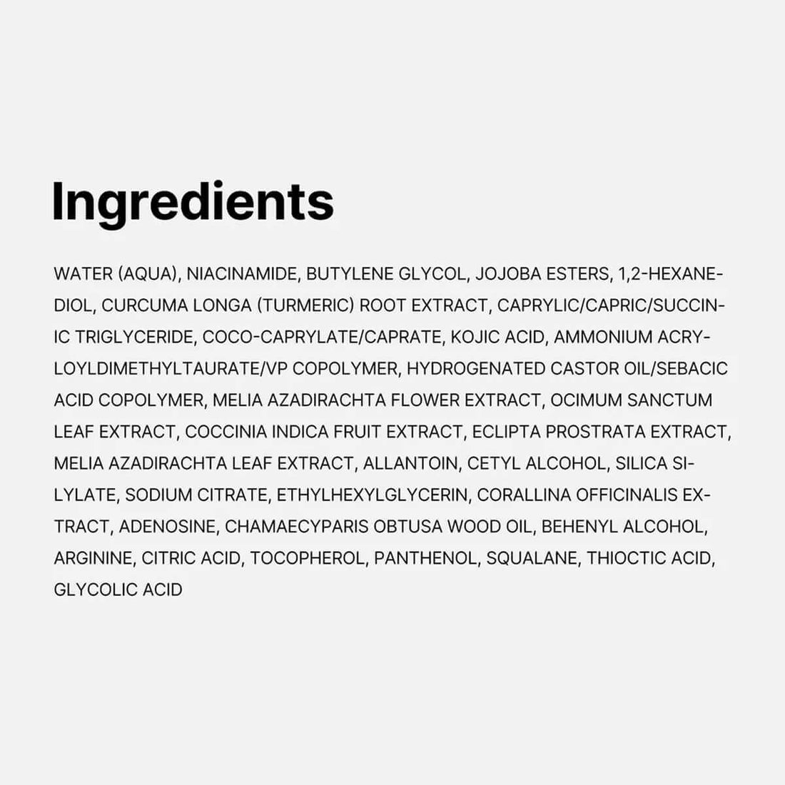 Ingredients list for Kojic Acid Turmeric Niacinamide Serum including water, niacinamide, turmeric extract, and kojic acid.