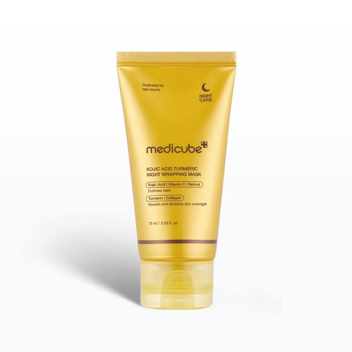 Yellow tube of Medicube facial mask on a white background