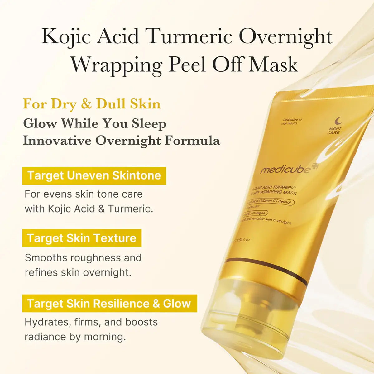 Kojic Acid Turmeric Overnight Wrapping Peel Off Mask packaging with product description on a light background