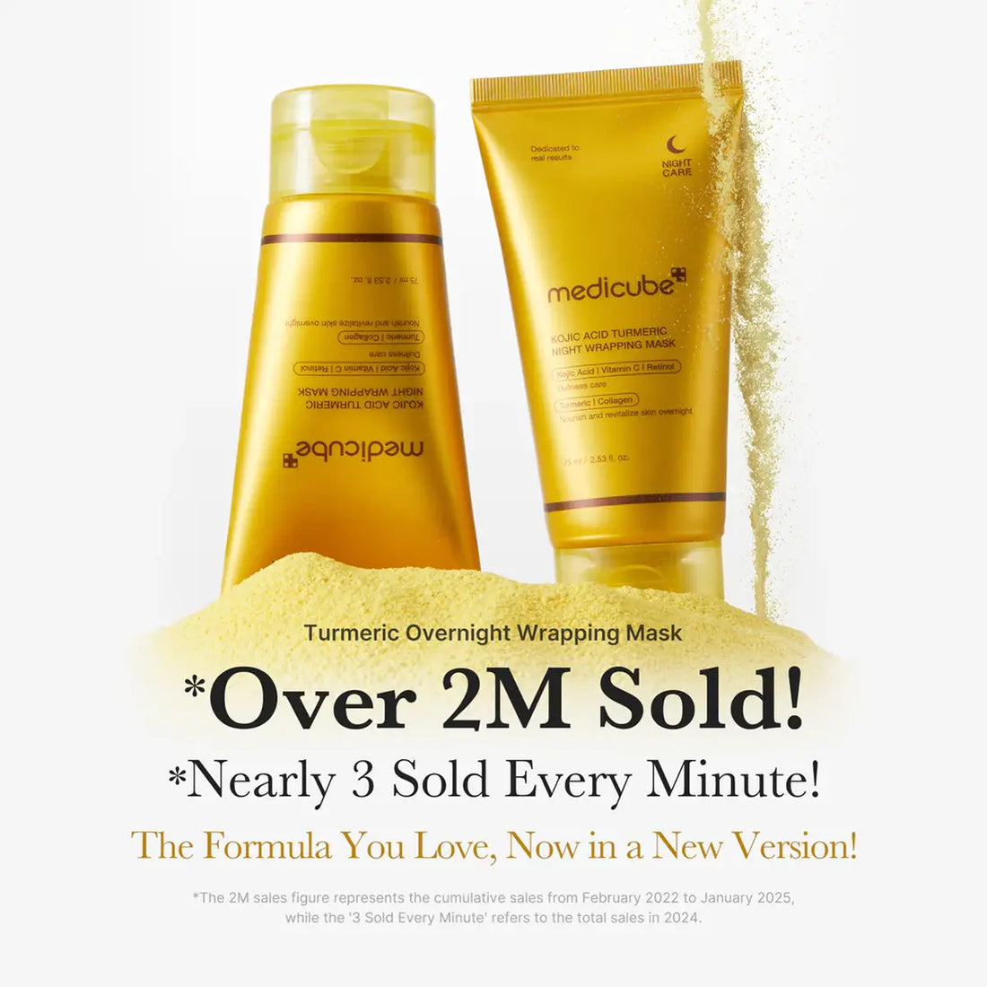 Two yellow skincare products with sand-like material around them, featuring text about sales figures.