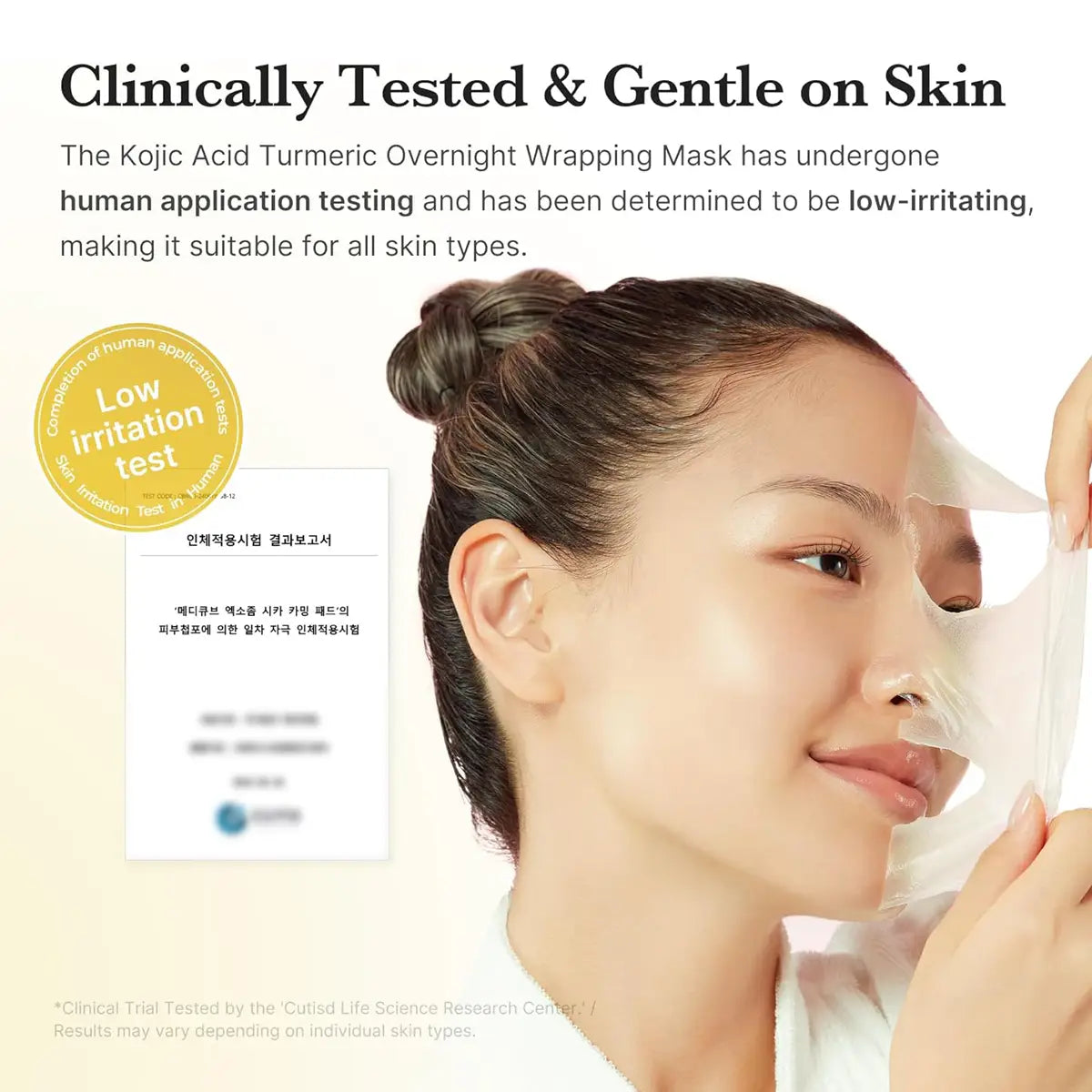 Woman applying a face mask with text about clinical testing and skin compatibility.
