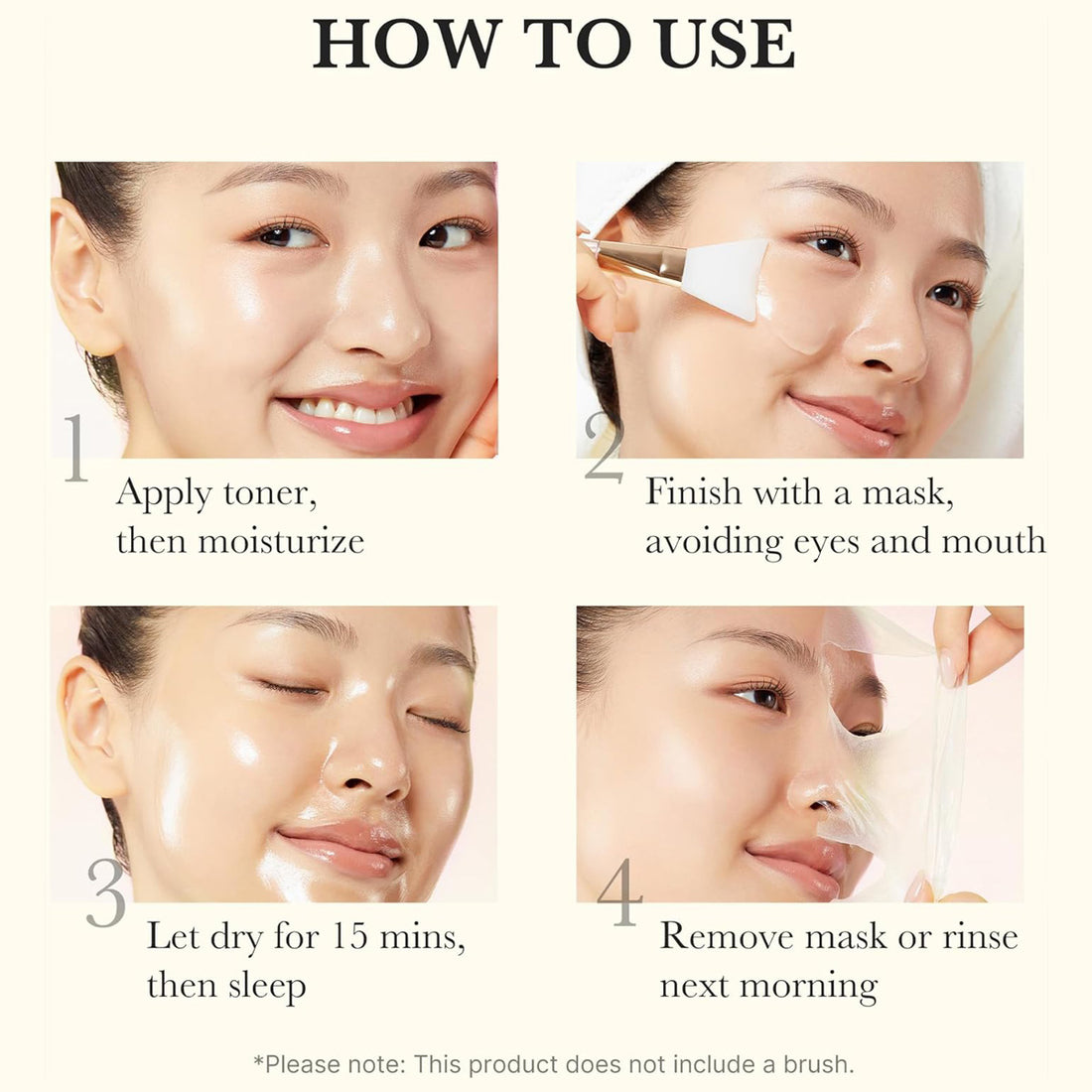 Medicube Kojic Acid Turmeric Night Wrapping Mask 75ml | Step-by-step guide on how to use a skincare product with images of a woman's face.