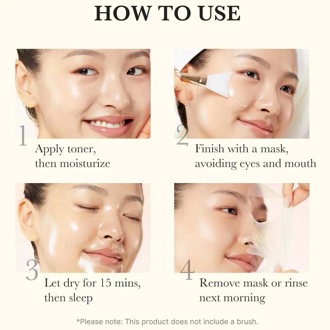 Step-by-step guide on how to use a skincare product with images of a woman's face.
