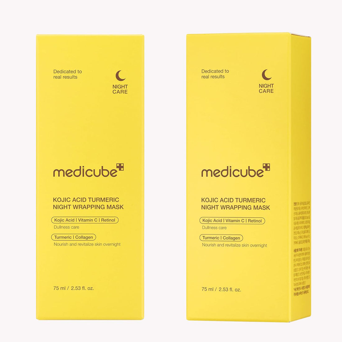 Two yellow boxes of Medicube Kojic Acid Turmeric Night Wrapping Mask on a white background