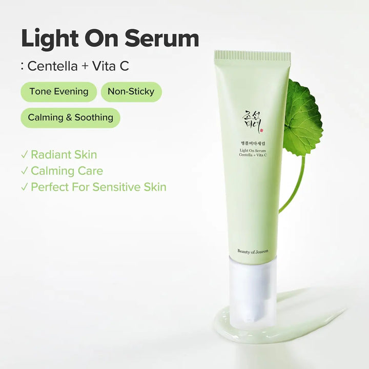 Light on Serum packaging with green leaf on a white background