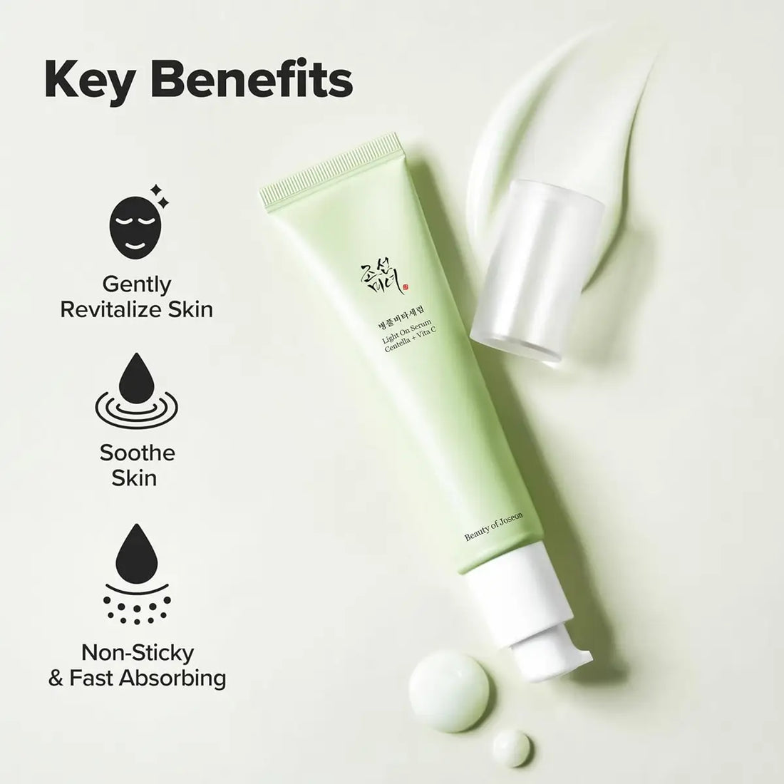 Beauty of Joseon Light On Serum Centella Vitamin C with key benefits listed on a light background