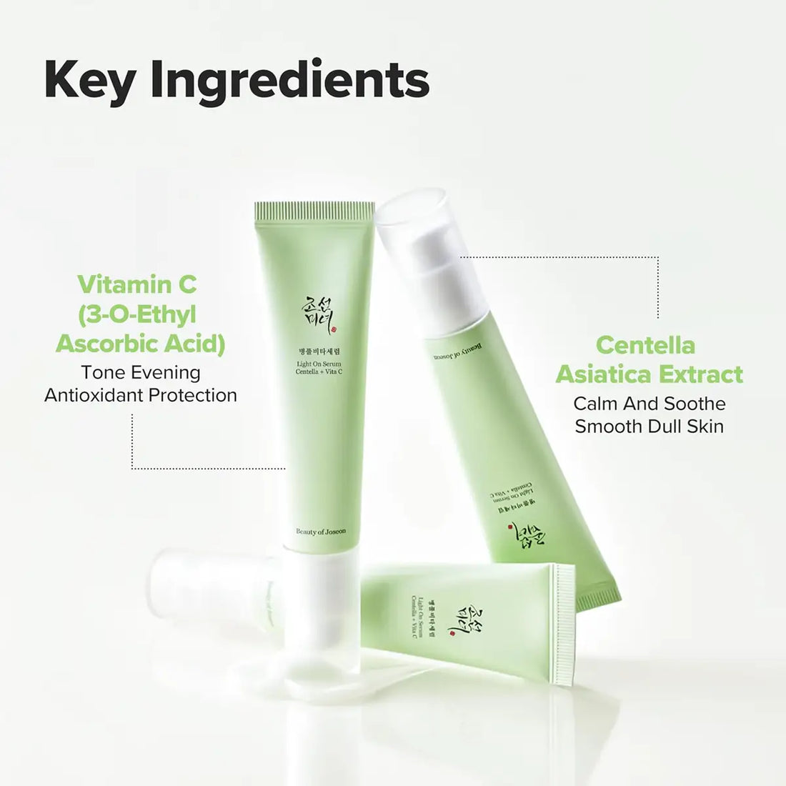 Beauty of Joseon Light On Serum Centella Vitamin C with key ingredients highlighted on a white background