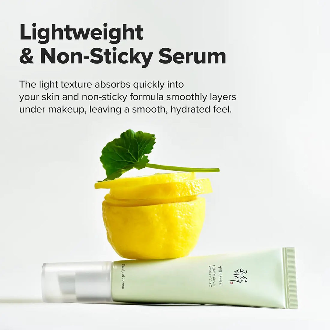 Beauty of Joseon Light On Serum Centella Vitamin C with a yellow container and green leaf, labeled 'Lightweight & Non-Sticky Serum'.