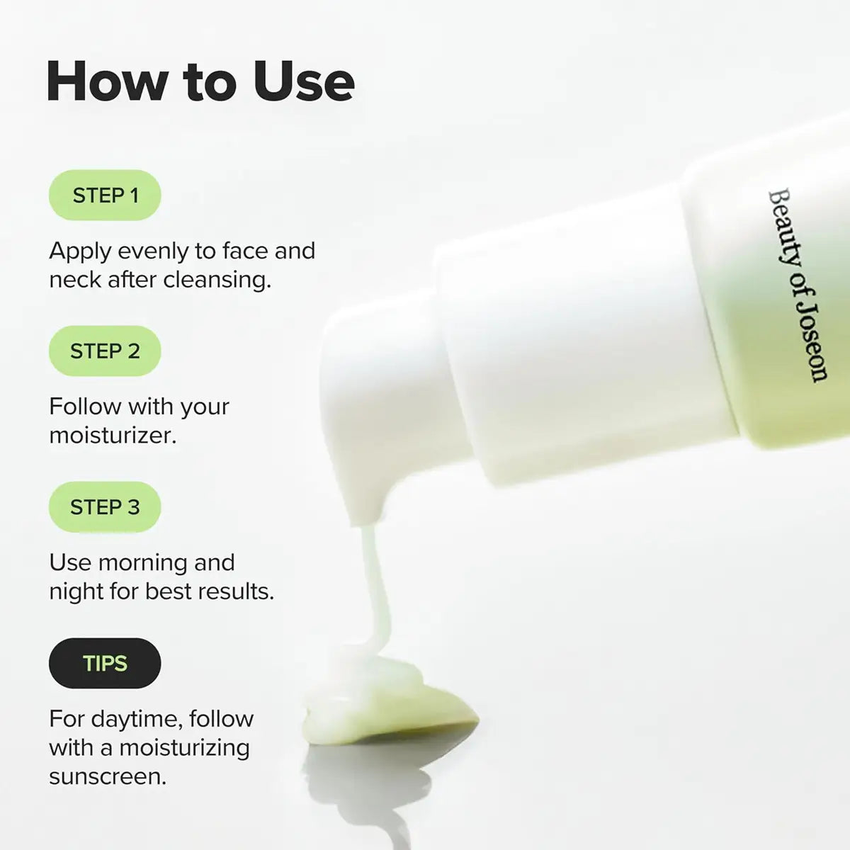Instructions on how to use a Beauty of Joseon Light On Serum Centella Vitamin C with a close-up of the product and text overlay.