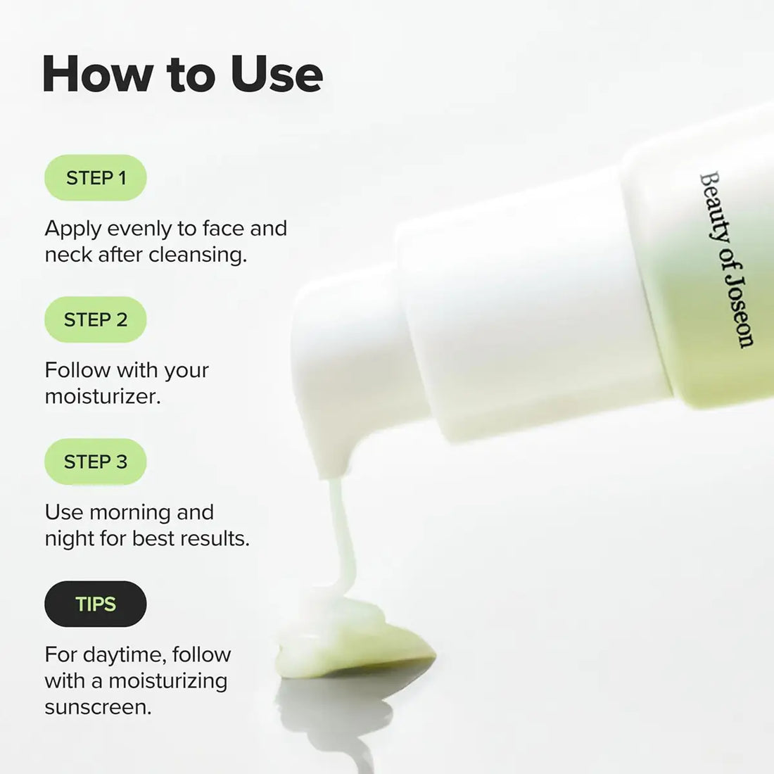 Instructions on how to use a Beauty of Joseon Light On Serum Centella Vitamin C with a close-up of the product and text overlay.