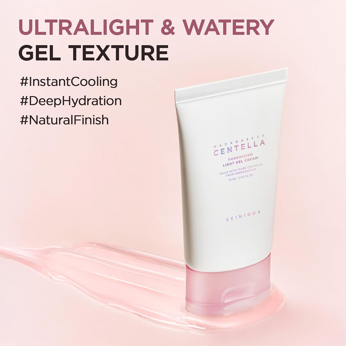 Skincare tube with text highlighting features on a pink background