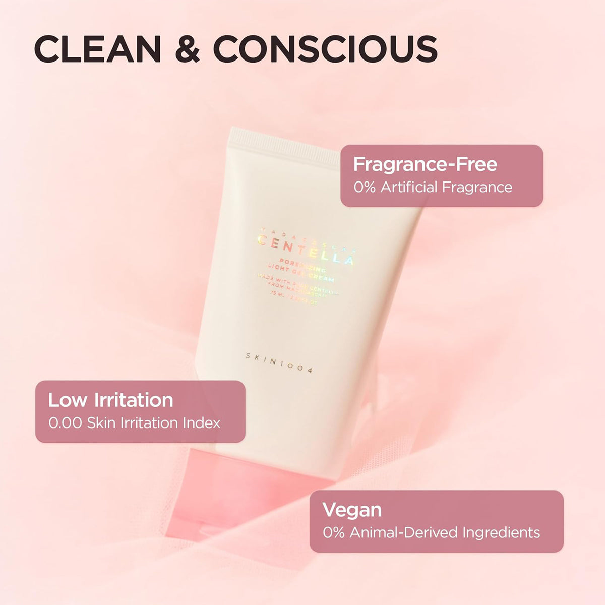 Skincare product with 'Clean & Conscious' branding on a pink background