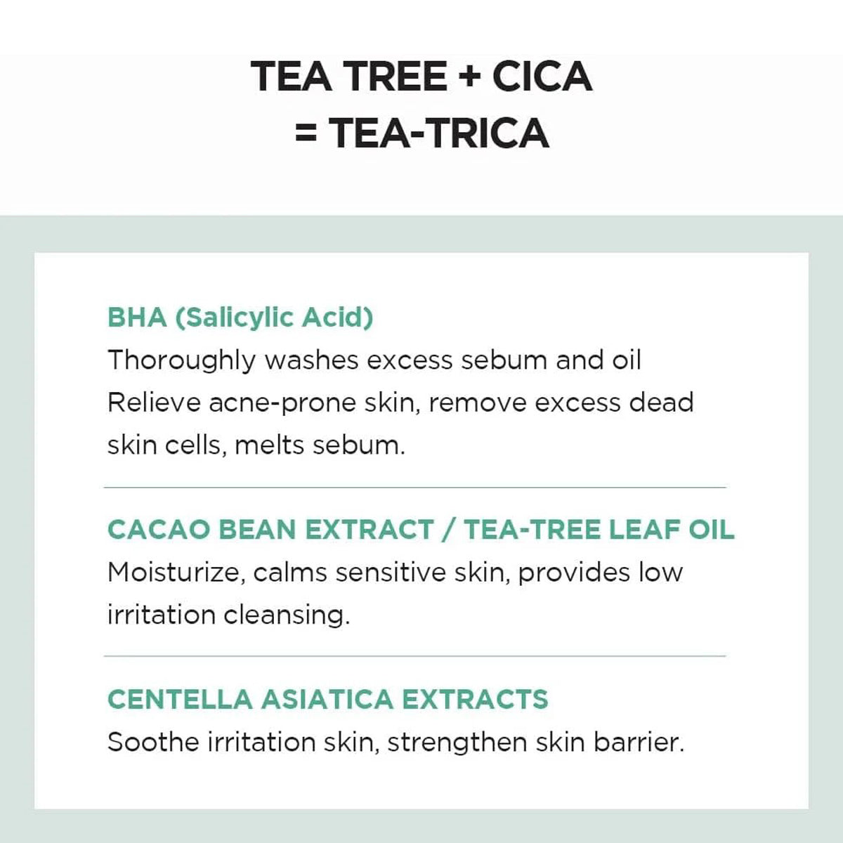 Text detailing the ingredients and benefits of a skincare product with tea tree and CICA, set against a light green background.