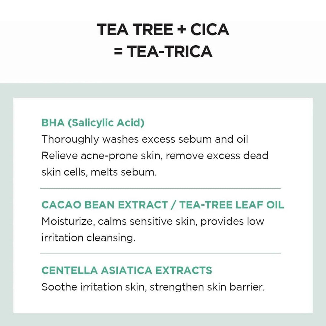 Text detailing the ingredients and benefits of a skincare product with tea tree and CICA, set against a light green background.