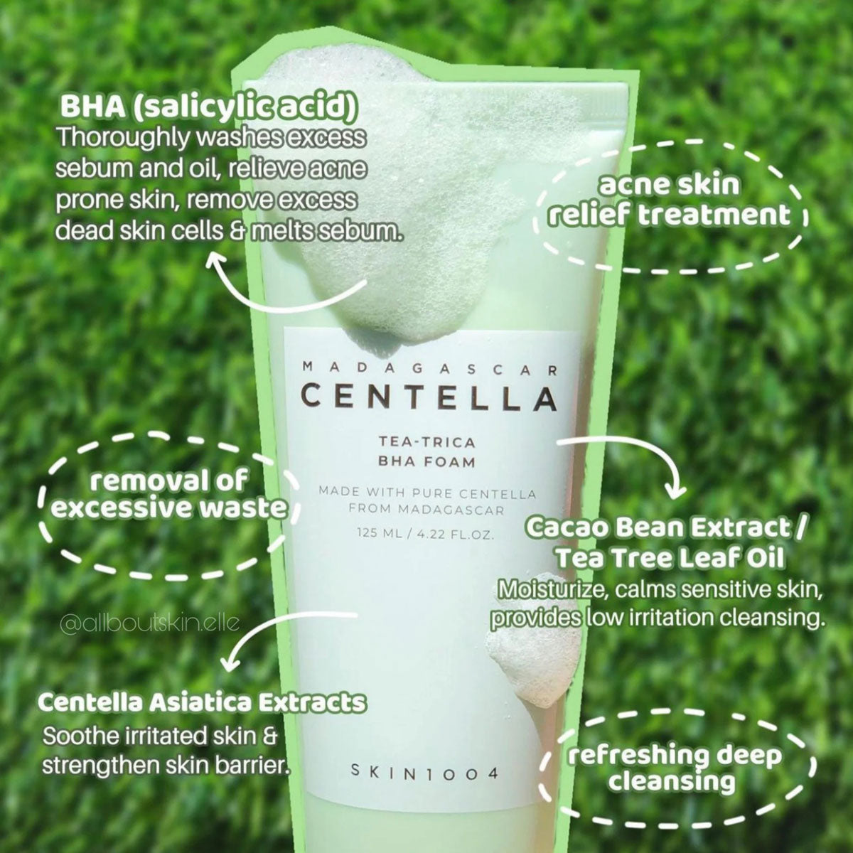 Skincare product with text on a grass background