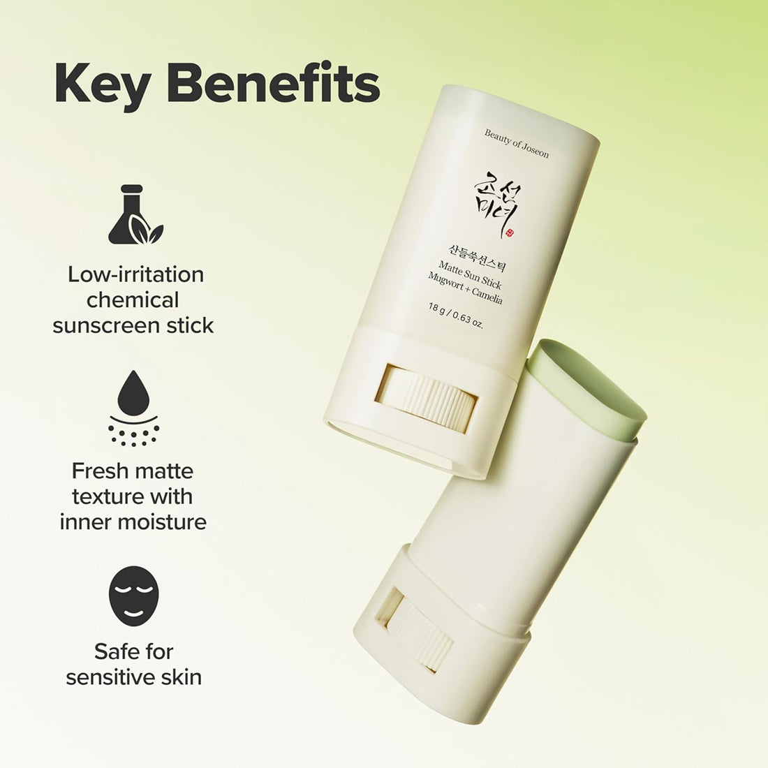 Sunscreen stick with key benefits listed on a light green background