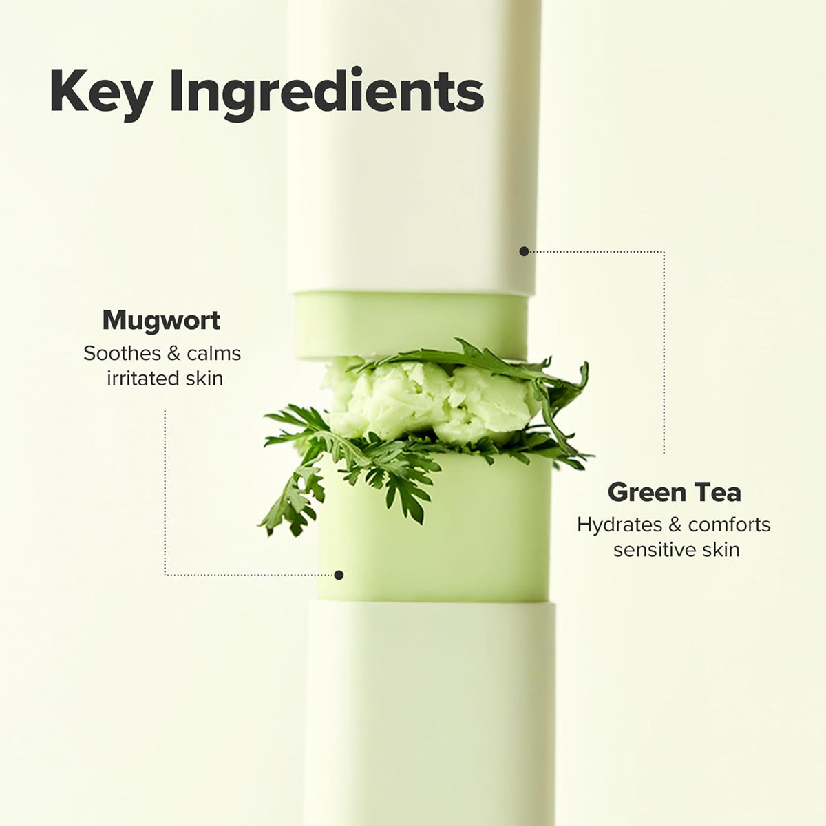 Skincare product with mugwort and green tea labeled on a white background
