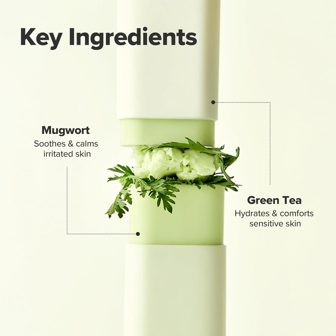 Skincare product with mugwort and green tea labeled on a white background
