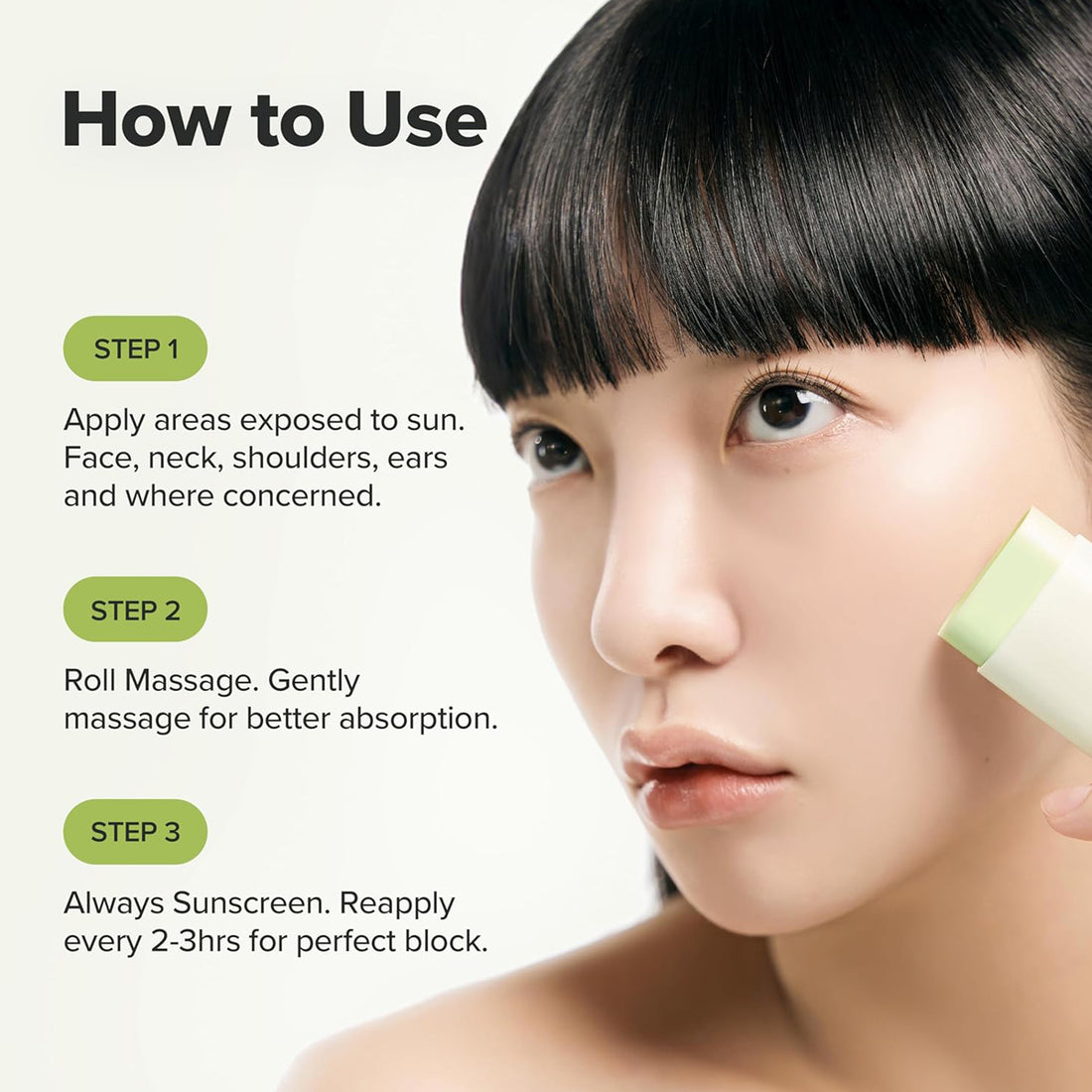 Woman applying sunscreen with text on how to use it