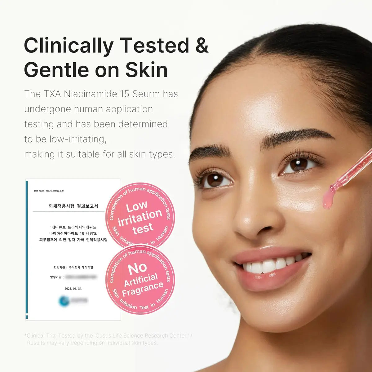 Girl applying TXA+Niacinamide 15 Glow Facial Serum to her face, showcasing its gentle and low-irritation benefits.