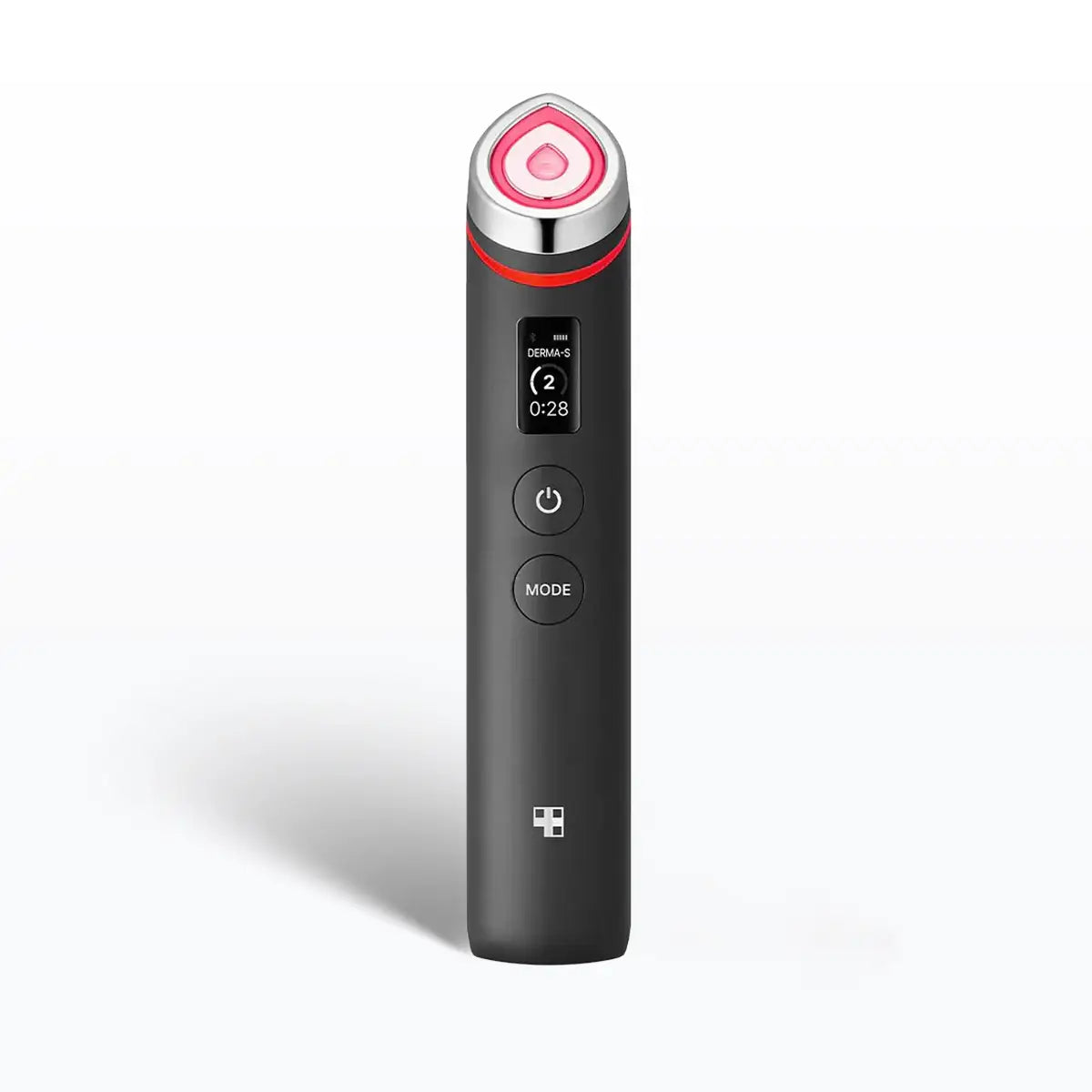 Black handheld device with digital display on a white background
