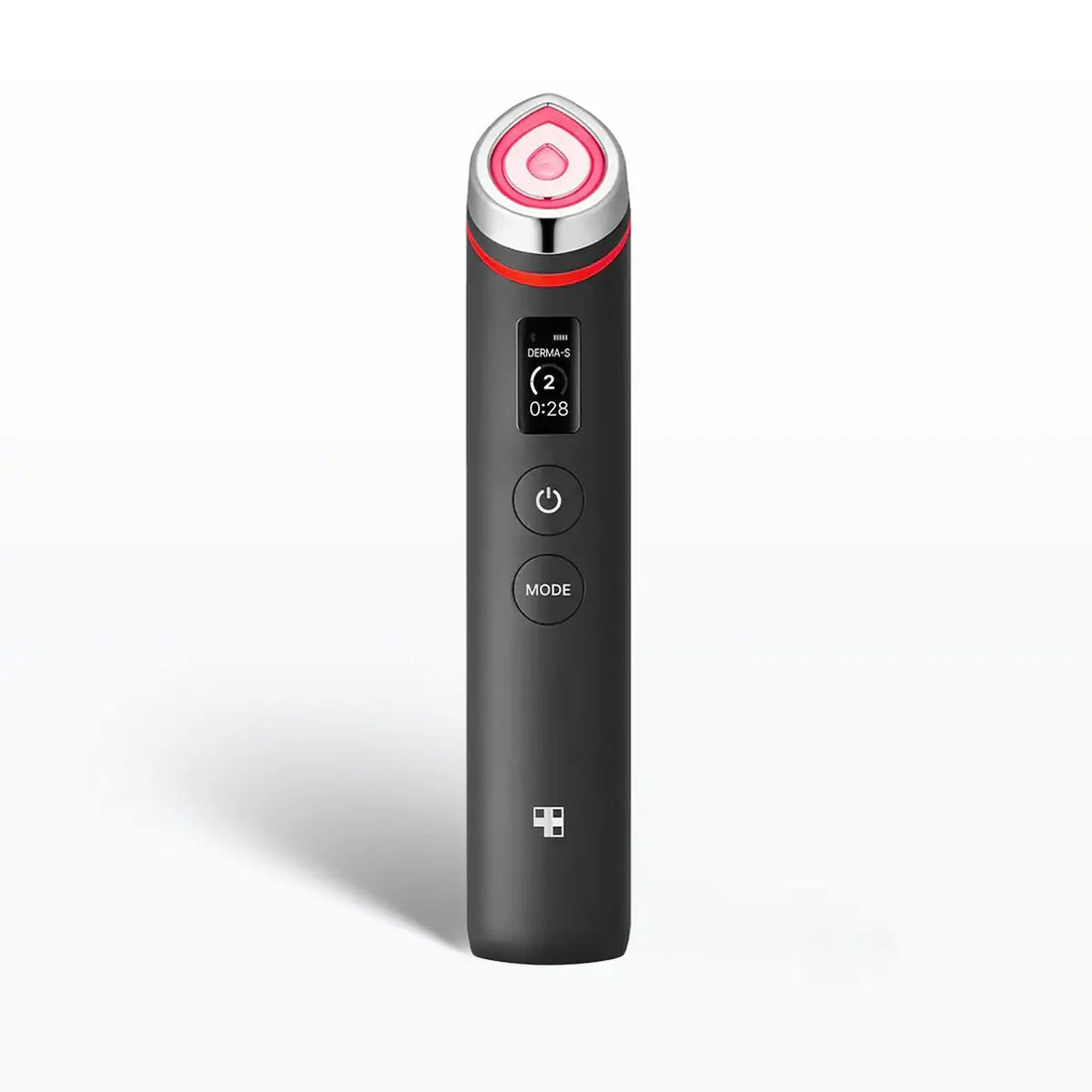 Black handheld device with digital display on a white background