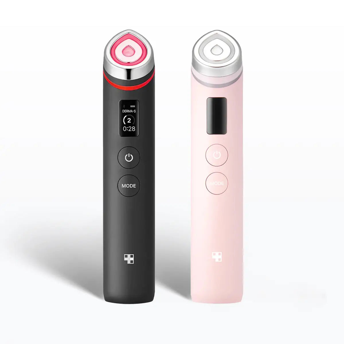 Two electronic devices, one black and one pink, on a white background