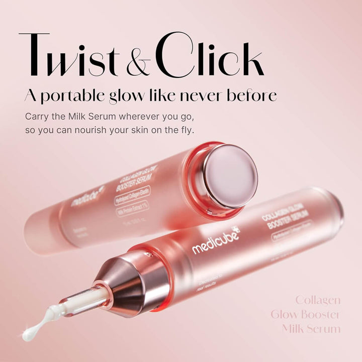 Mediclea Collagen Glow Booster Milk Serum with dropper on a pink background
