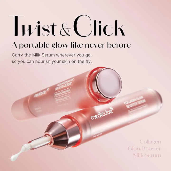 Medicube Collagen Glow Booster Milk Serum with 'Twist & Click' feature on a pink background