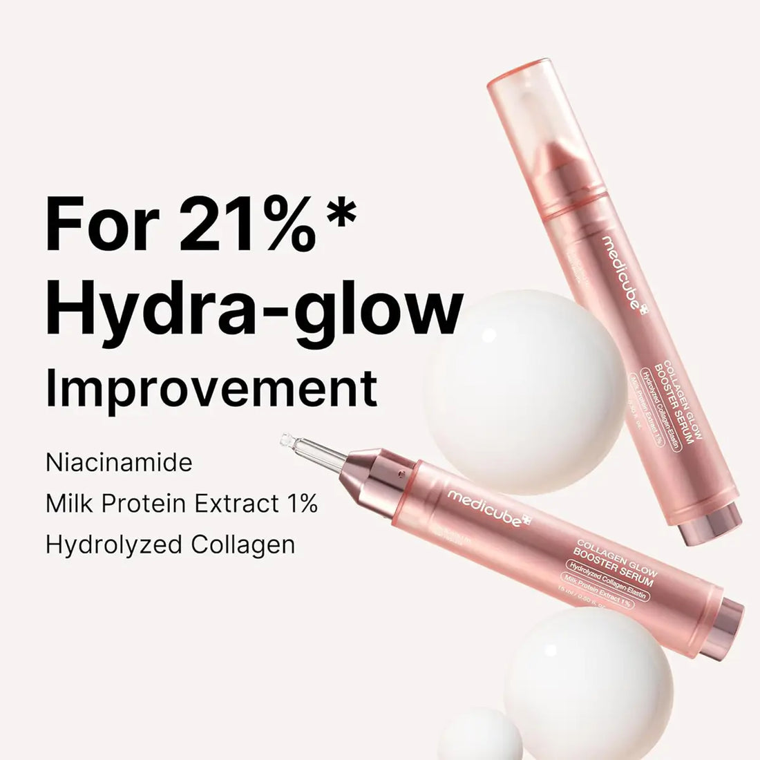 Cosmetic serum bottles with text highlighting hydra-glow improvement on a white background