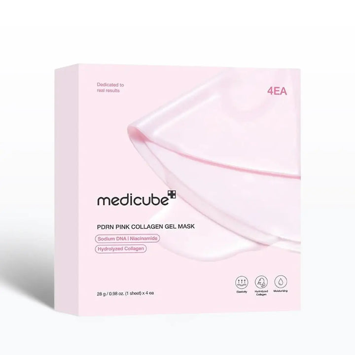 Box of Medicube pink collagen gel mask on a white background