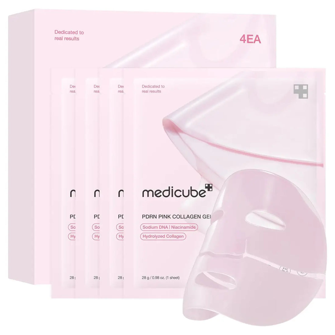 Pink collagen gel sheet with Medicube packaging on a white background