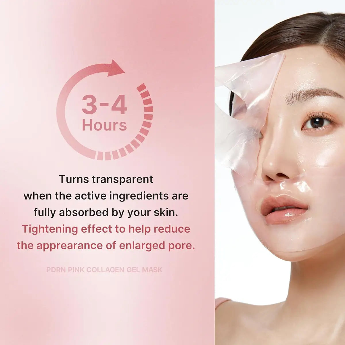 Woman wearing a pink collagen gel mask with text on a pink background