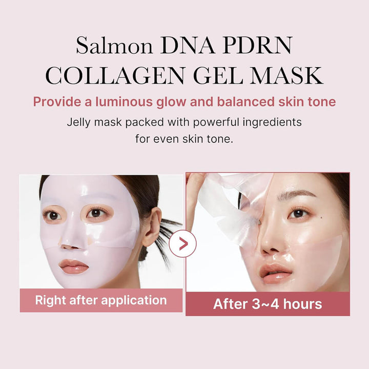 Collagen gel mask advertisement with before and after effects on a pink background