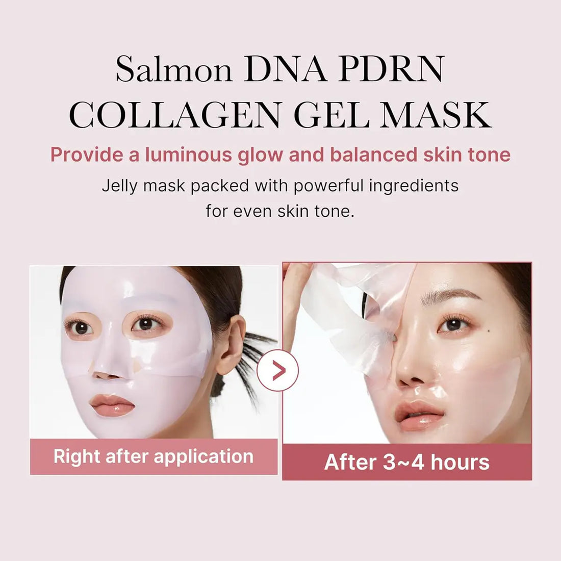 Collagen gel mask advertisement with before and after effects on a light pink background.
