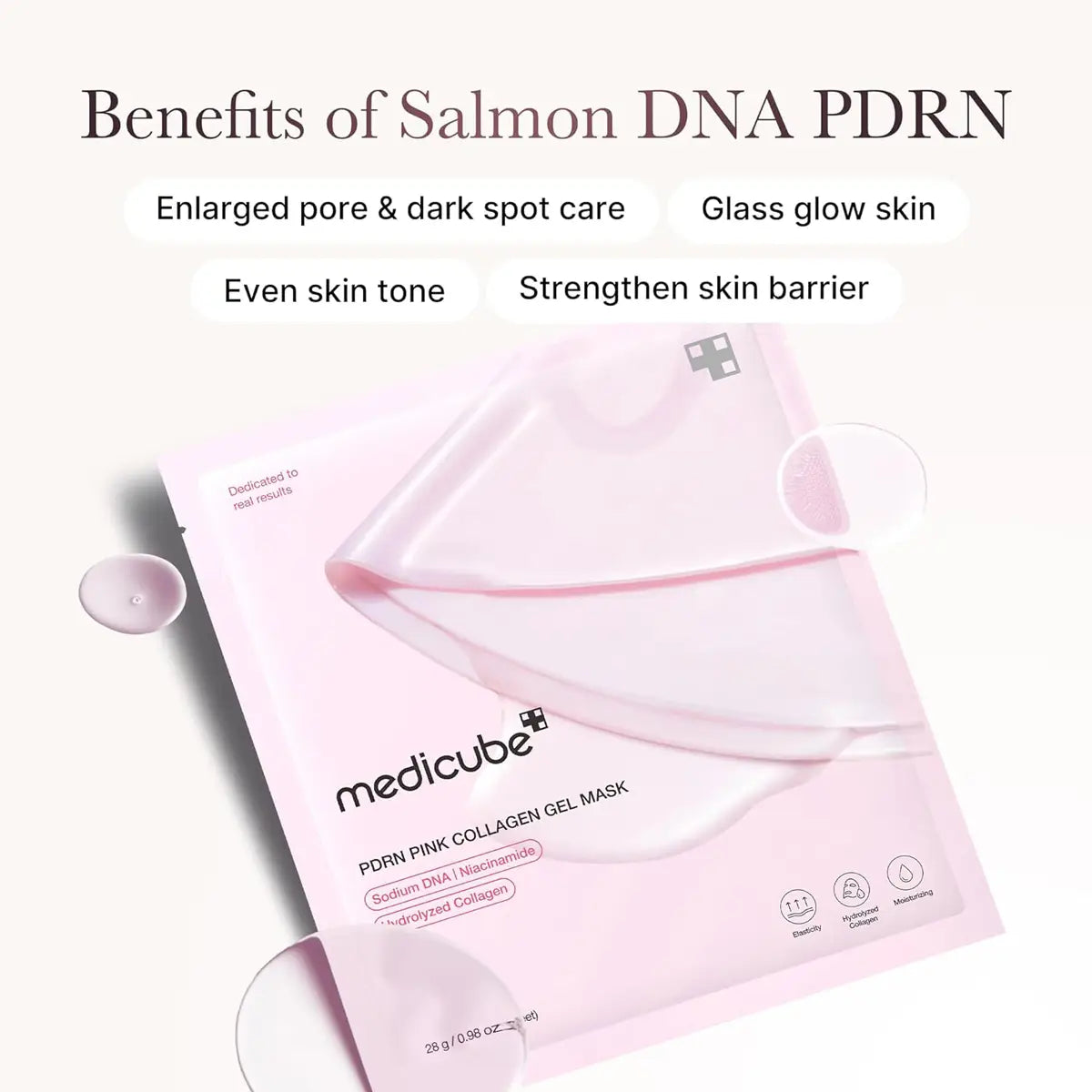 Pink collagen gel mask packaging with text highlighting benefits on a white background