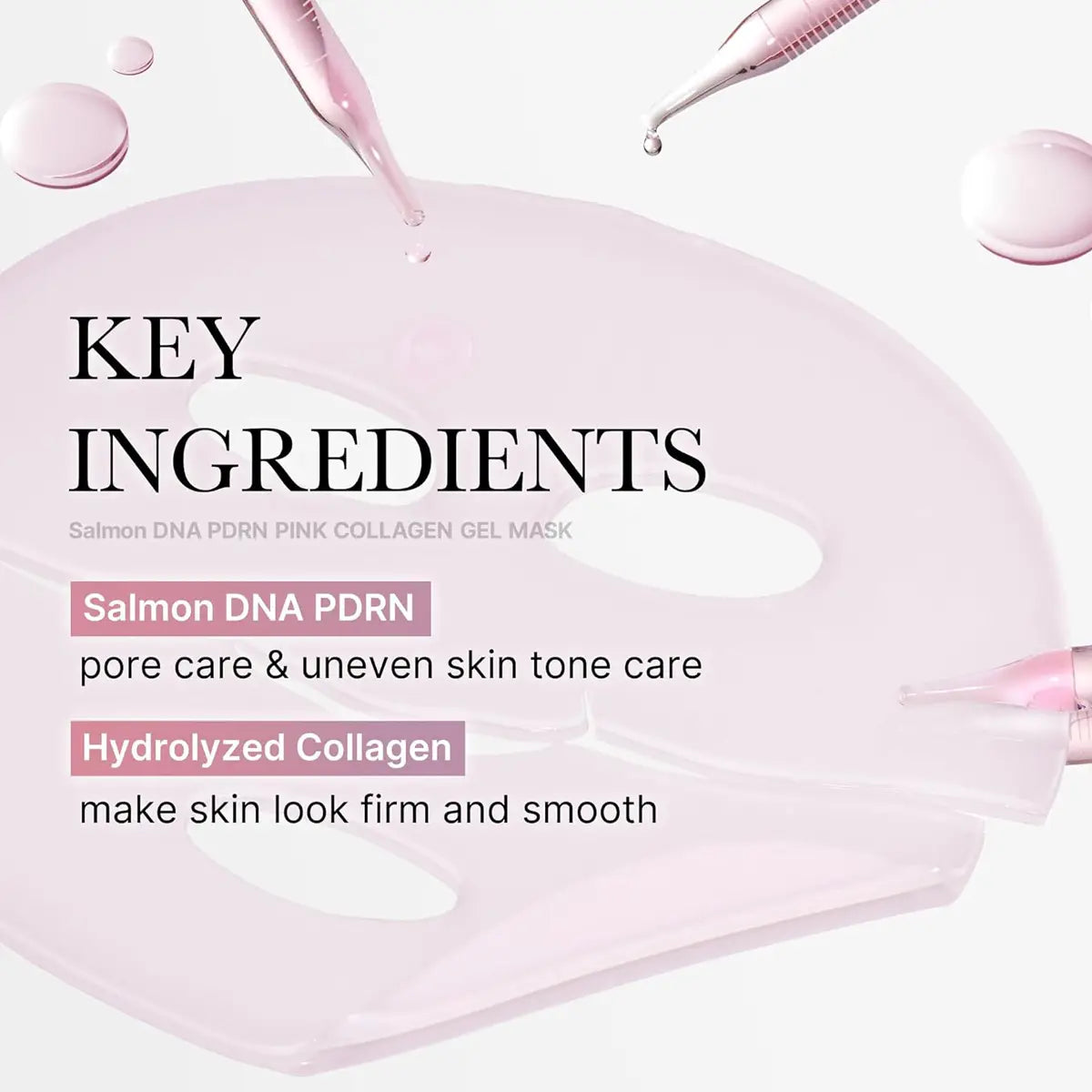 Pink collagen gel mask with text detailing key ingredients on a light pink background