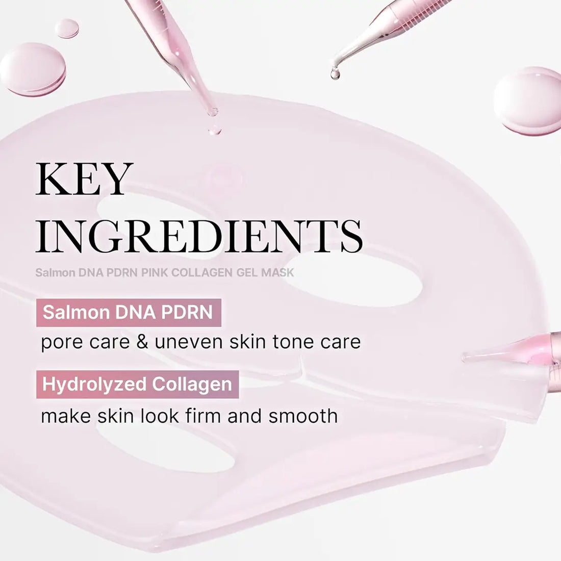 Pink collagen gel mask with text detailing key ingredients on a light pink background