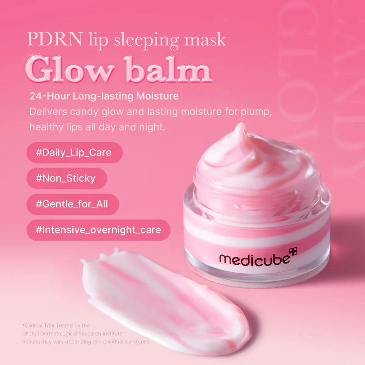 PDRN lip sleeping mask glow balm with pink background and product details.