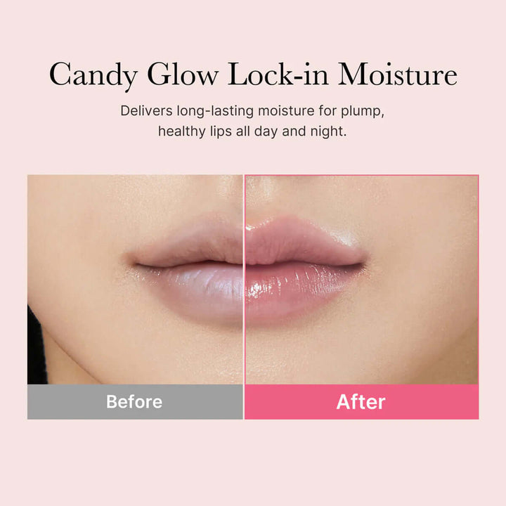 Before and after comparison of lips with Candy Glow Lock-in Moisture product on a beige background.