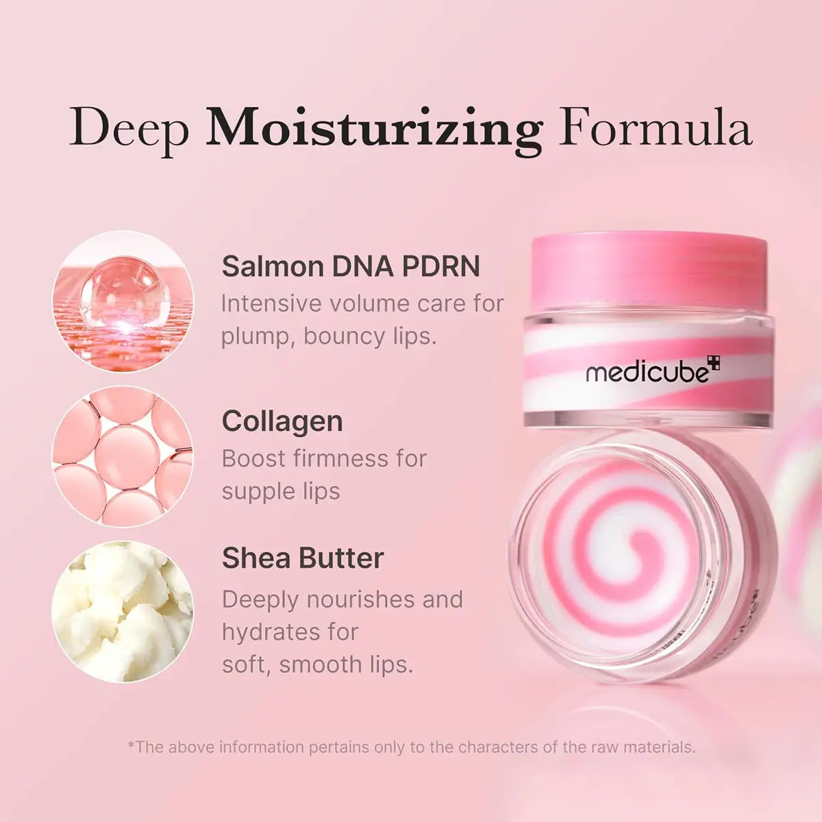 Lip balm with ingredients listed on a pink background