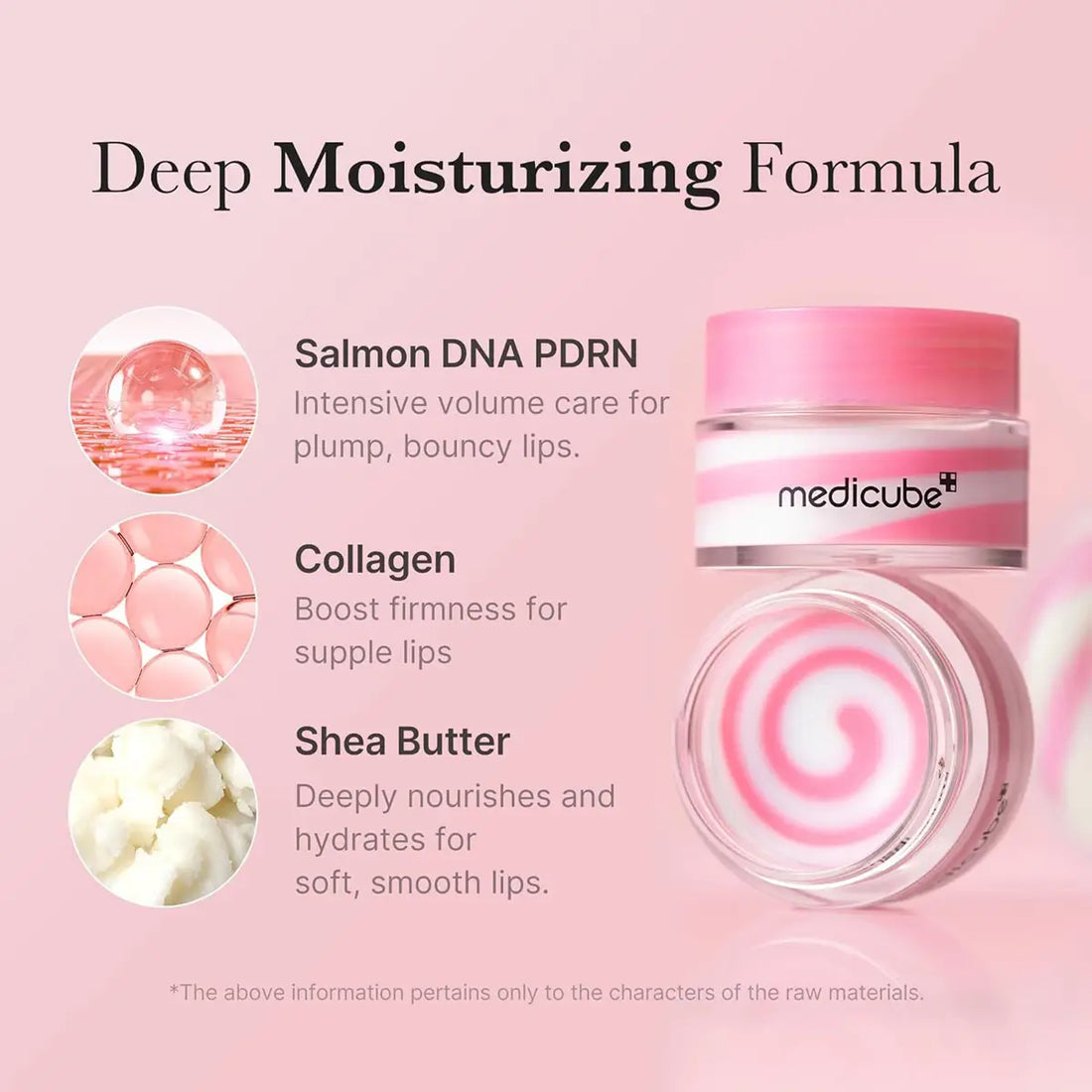 Lip balm with ingredients listed on a pink background