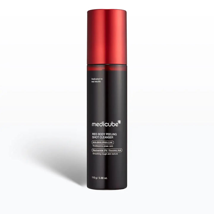 Medicube Red Body Peeling Spot Cleanser bottle with red cap on a white background