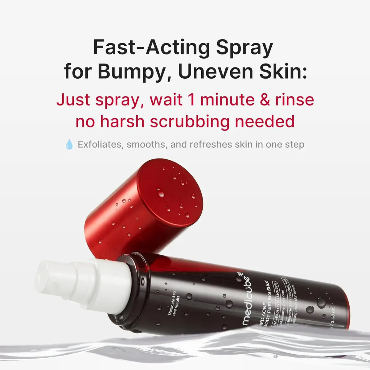 Red and black skin care spray bottle with text about fast-acting spray for bumpy, uneven skin.