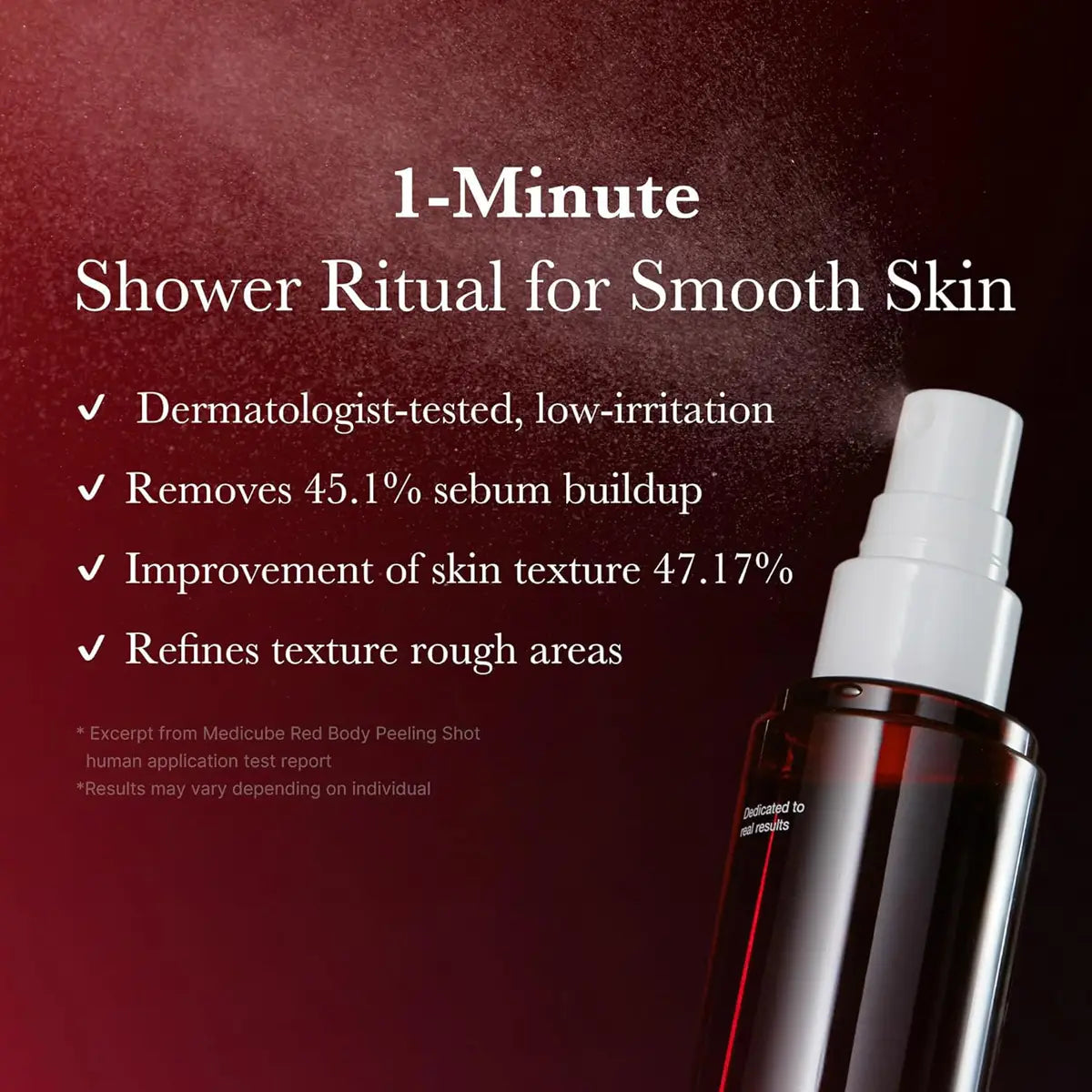 Skincare product with text about a 1-minute shower ritual for smooth skin on a dark background