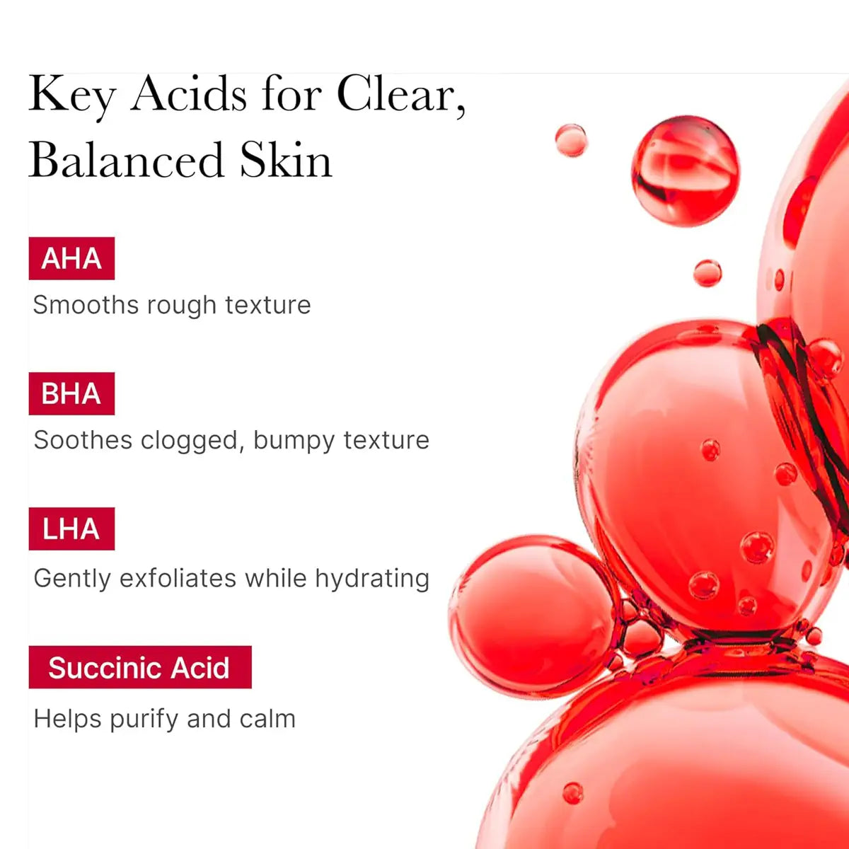 Key acids for clear, balanced skin with red acid droplets on a white background